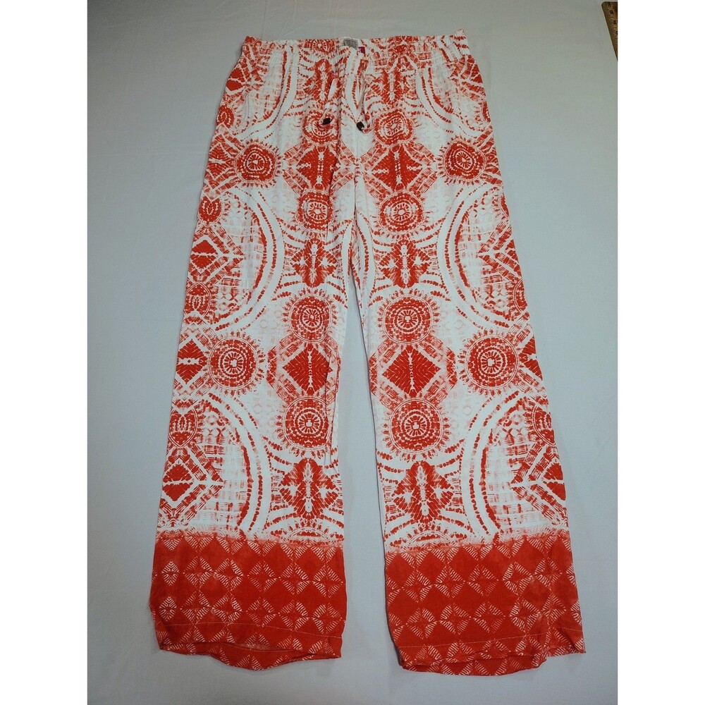 Hester & Orchard Orange White Pattern Linen Blend Wide Leg Pants Sz M Bohemian